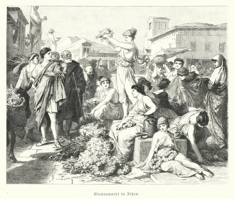 Blomstermarknad i Aten, antikens Grekland (gravyr) av German School