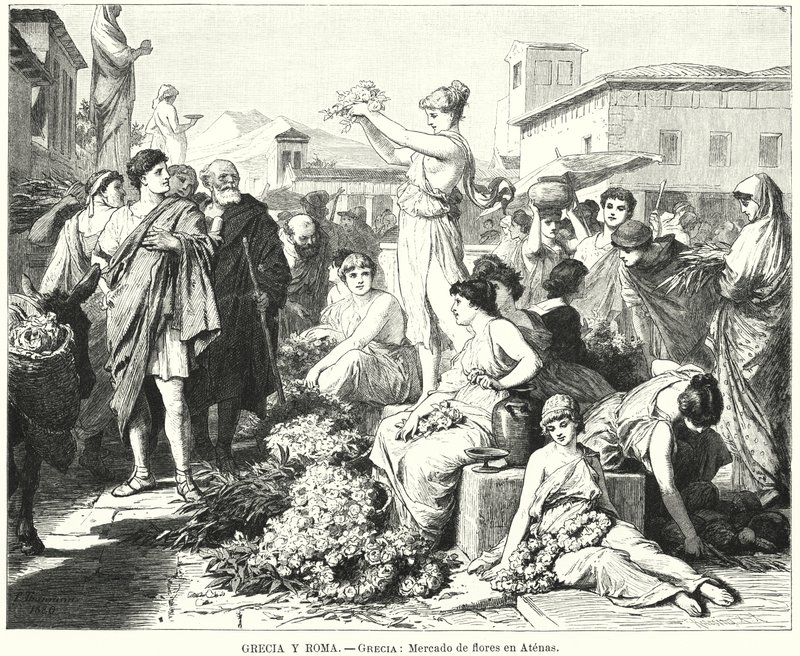 Blomstermarknad i Aten, antikens Grekland (litho) av German School