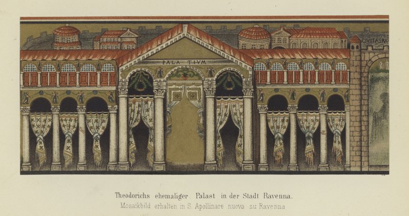 Tidigare palats av Theoderik den store, östgoternas kung, i Ravenna, Italien (färg litho) av German School