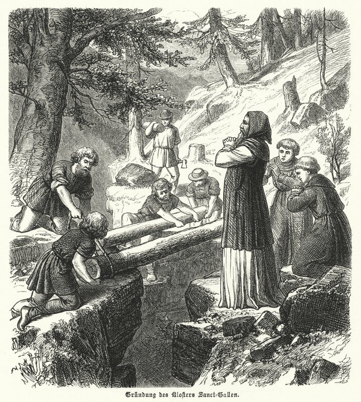 Stiftelsen av Abbey of St Gall, Schweiz, 800-talet (gravyr) av German School