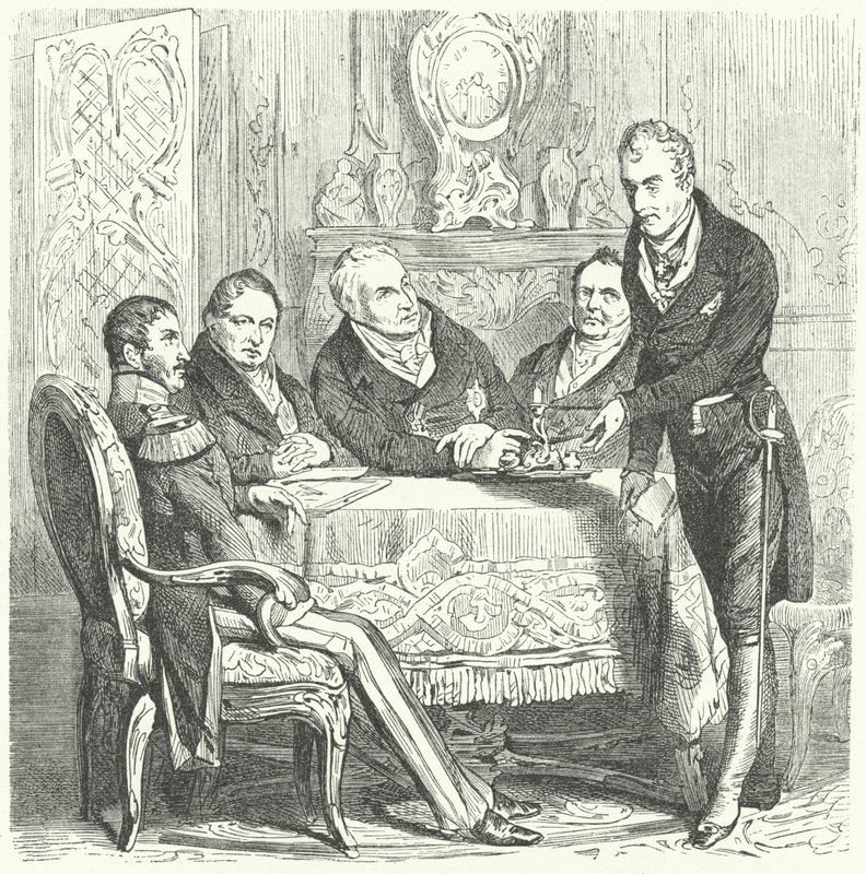 Fredrik Vilhelm III av Preussen i diskussioner med sin premiärminister Karl August von Hardenberg och Klemens von Metternich, Österrikes utrikesminister (gravyr) av German School
