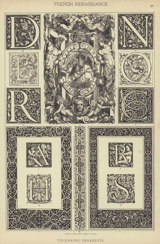 Fransk renässans, typografiska prydnader (färg litho) av German School