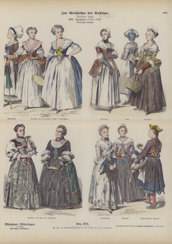 Franska och tyska borgerliga kvinnokostymer, sent 1700-tal (färgad gravyr) av German School