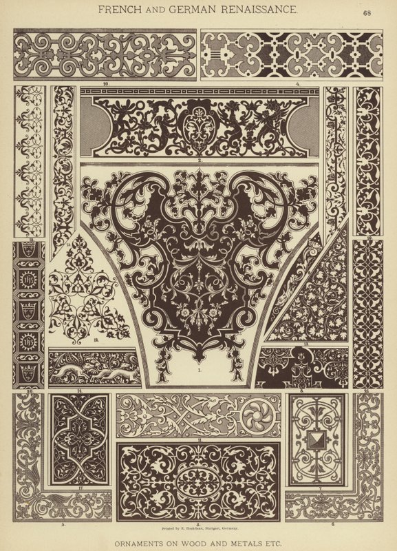Fransk och tysk renässans, prydnader på trä och metaller etc (färg litho) av German School
