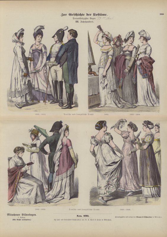 Franska och tyska dräkter, tidigt 1800-tal (färgad gravyr) av German School