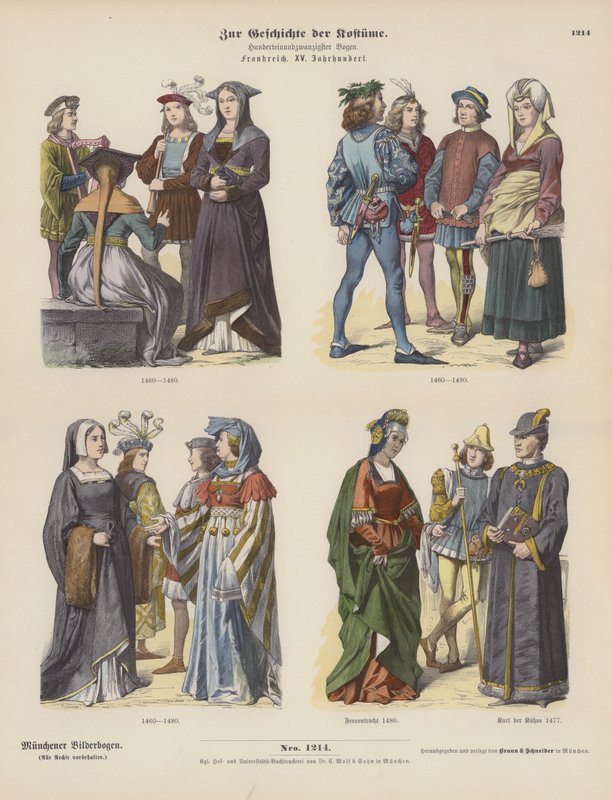 Franska dräkter från 1400-talet (färgad gravyr) av German School