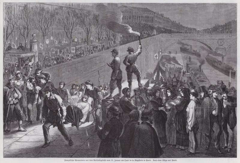 Franska soldater sårade i det sista misslyckade försöket att bryta sig ur belägringen av Paris anlände till Quai de la Megisserie, Franco Preussian War, januari 1871 (gravyr) av German School