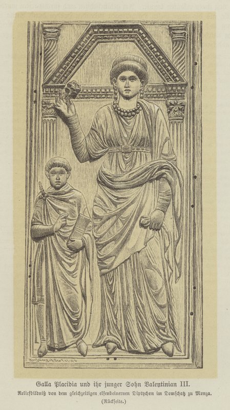 Galla Placidia, dotter till den romerske kejsaren Theodisius I, och hennes son, Valentinian III (gravyr) av German School