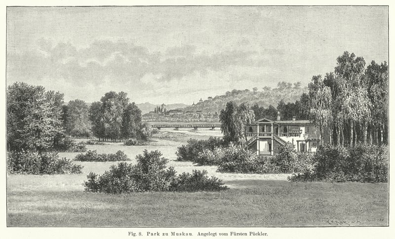 Trädgårdsdesign: Muskau Park, Tyskland, anlagd av Prins Hermann von Pueckler-Muskau (gravyr) av German School