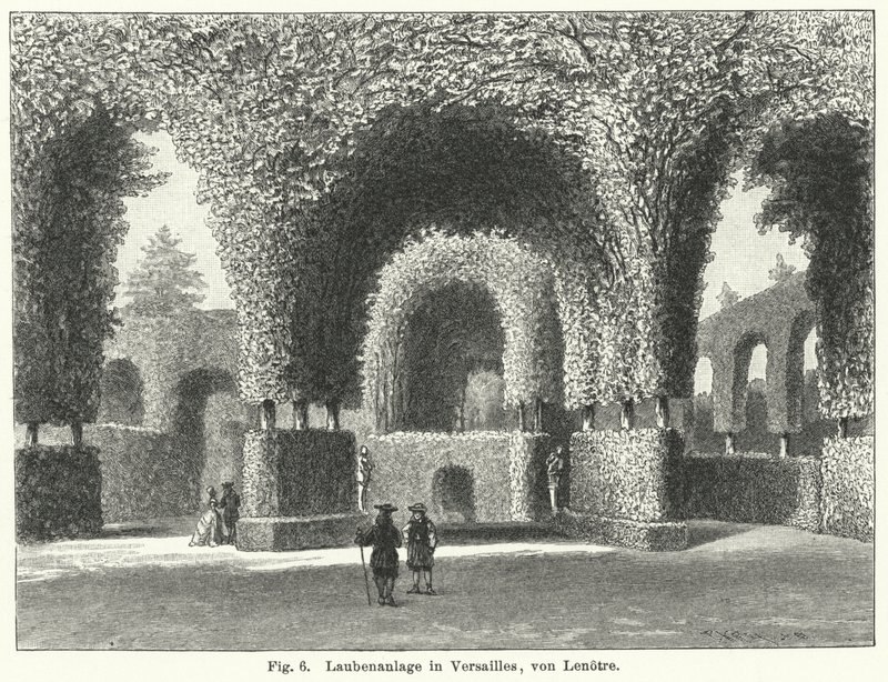 Trädgårdsdesign: bersåer i trädgårdarna i Versailles, Frankrike, anlagda av Andre le Notre på 1600-talet (gravyr) av German School