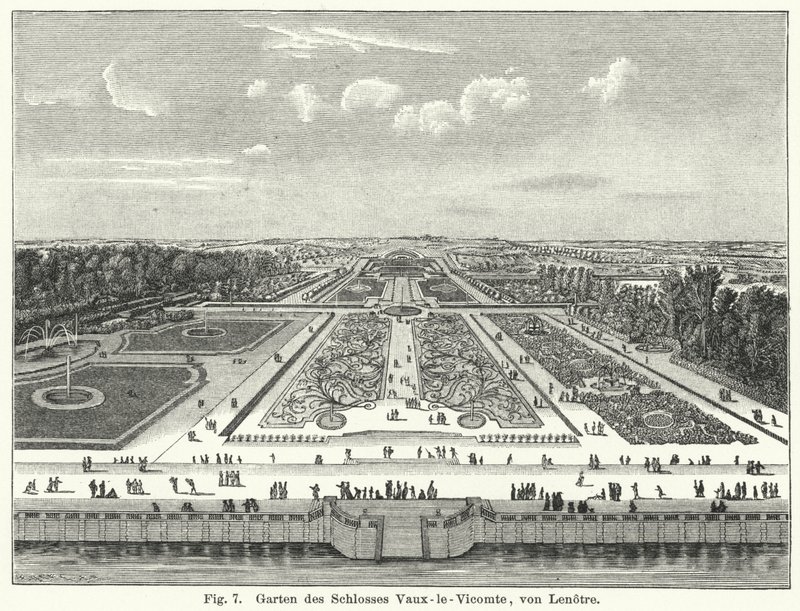 Trädgårdsdesign: trädgårdarna i Chateau de Vaux-le-Vicomte, Maincy, Frankrike, anlagda av Andre le Notre på 1600-talet (gravyr) av German School