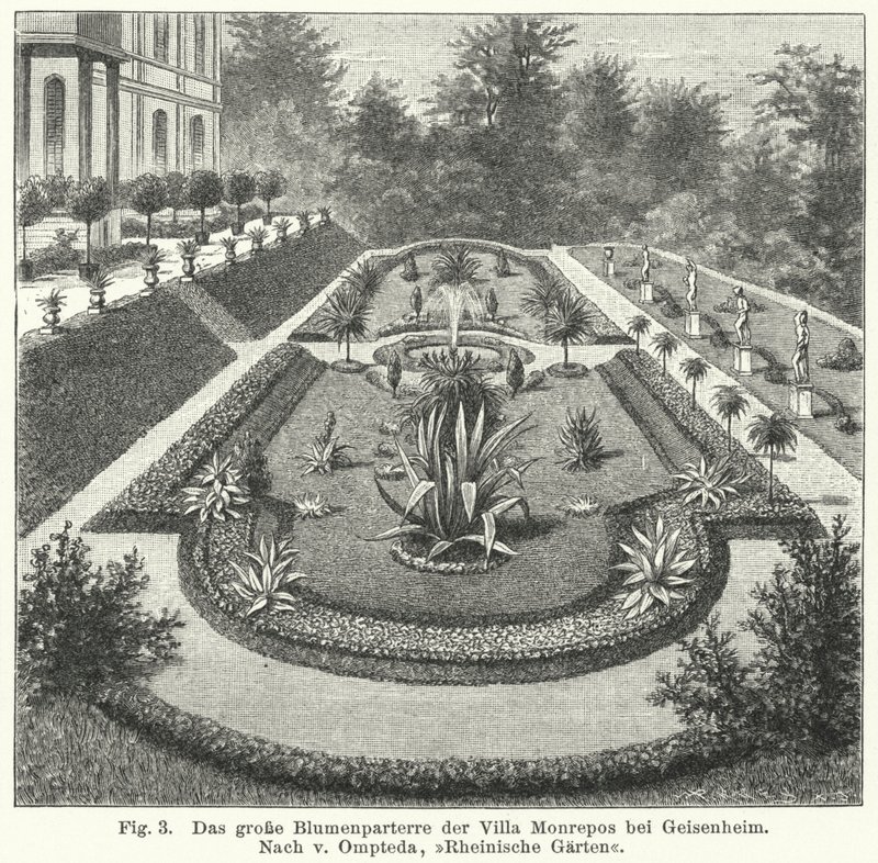 Trädgårdsdesign: stor parterre i Monrepos, bo efter bankiren och amatörastronomen Heinrich Eduard von Lade, Geisenheim, Tyskland (gravyr) av German School