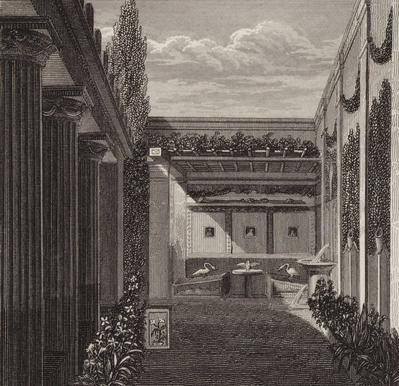 Trädgård av ett romerskt hus. Illustration för Bilder-Atlas (gravyr) av German School