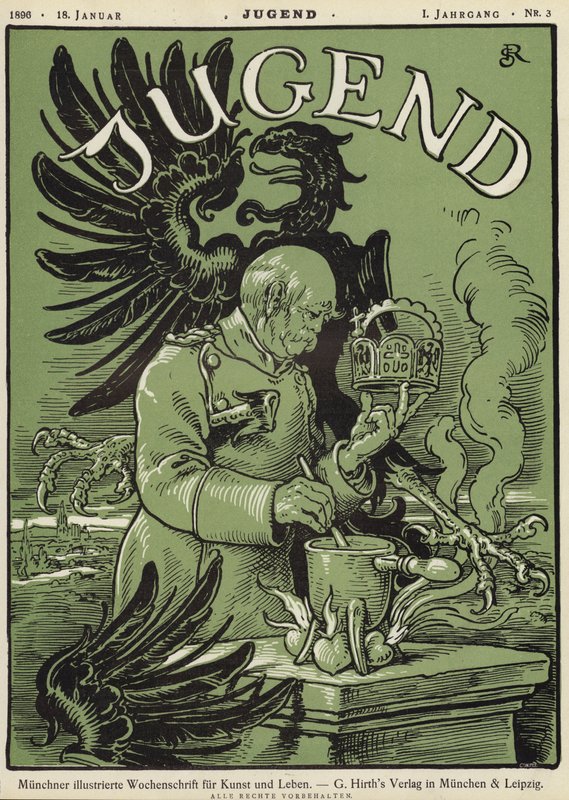 Tysklands förbundskansler Otto von Bismarck håller i det heliga romerska rikets krona (färg litho) av German School