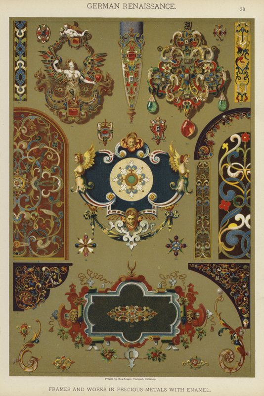Tysk renässans, ramar och verk i ädelmetaller med emalj (färg litho) av German School