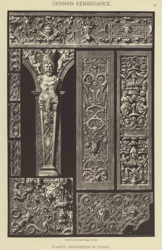 Tysk renässans, plastdekorationer i sten (färg litho) av German School