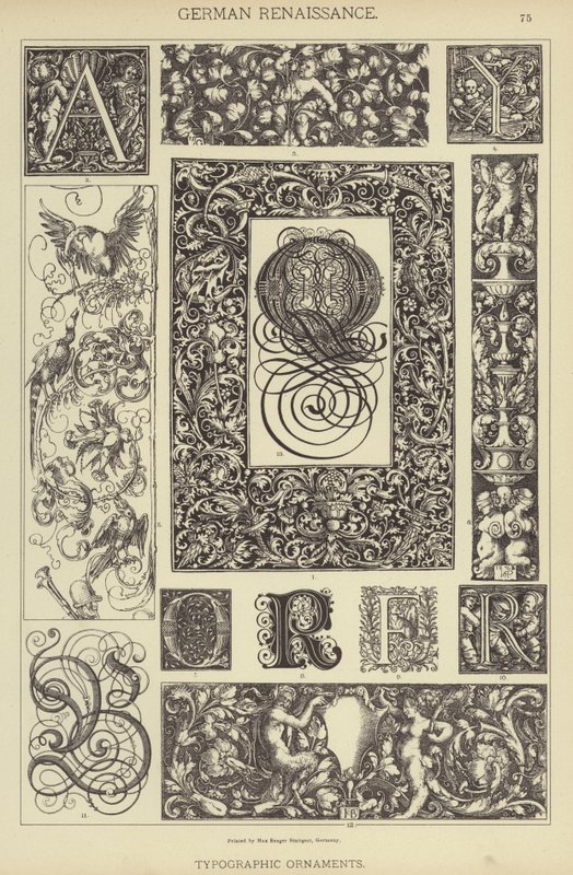 Tysk renässans, typografiska prydnadsföremål (färg litho) av German School
