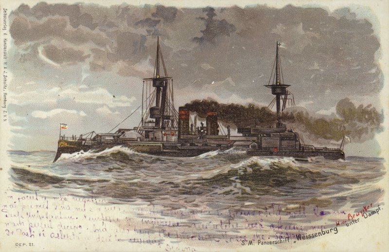 Tyska slagskeppet SMS Weissenburg, sent 1800-tal eller tidigt 1900-tal (lito i färg) av German School