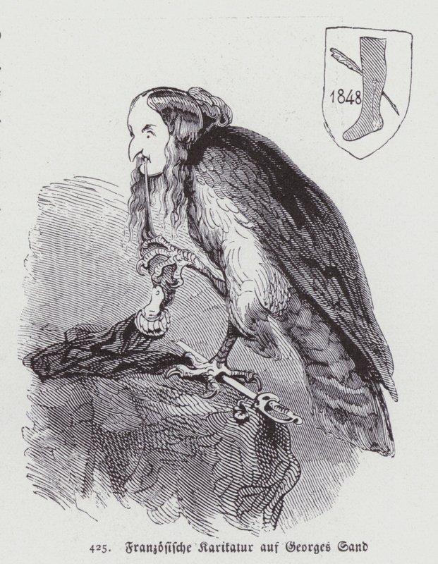 Tysk karikatyr av den franska kvinnliga författaren George Sand från 1800-talet (litho) av German School