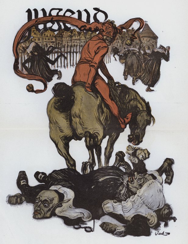 Tysk tecknad serie från tidningen Jugend (färg litho) av German School