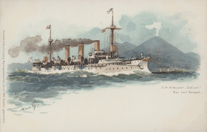 Tyska kryssaren Gefion i Neapelbukten, Italien (chromolitho) av German School