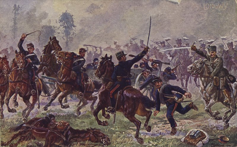 Tyska husarer erövrar franska kanoner vid Longwy, första världskriget, 22 augusti 1914 (färglitografi) av German School