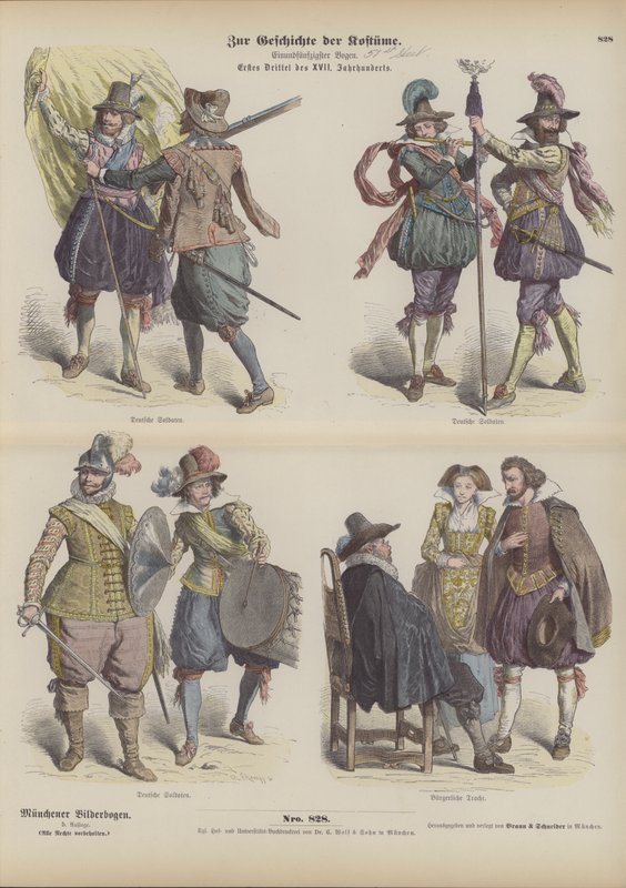 Tyska militär- och borgerliga dräkter, tidigt 1600-tal (färgad gravyr) av German School