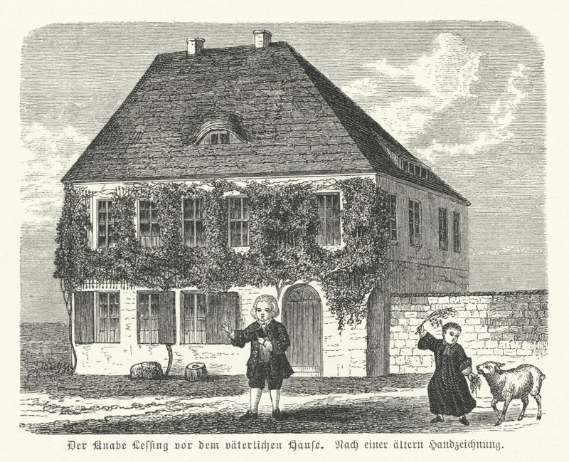 Den tyske filosofen och dramatikern Gotthold Ephraim Lessing utanför sin fars hus i Kamenz som pojke (gravyr) av German School