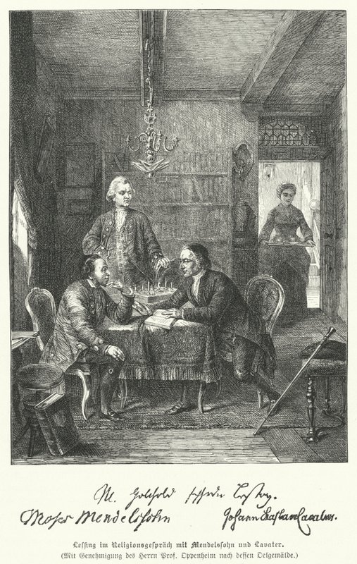 Tysk filosof och dramatiker diskuterar religion med Moses Mendelssohn och Johann Kaspar Lavater (gravyr) av German School