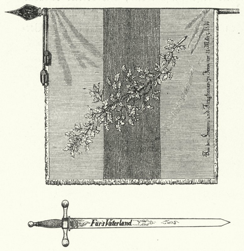 Tyska studentbroderskapets flagga och svärd (gravyr) av German School