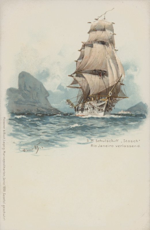 Tyska träningsfartyget Stosch lämnar Rio de Janeiro, Brasilien (chromolitho) av German School