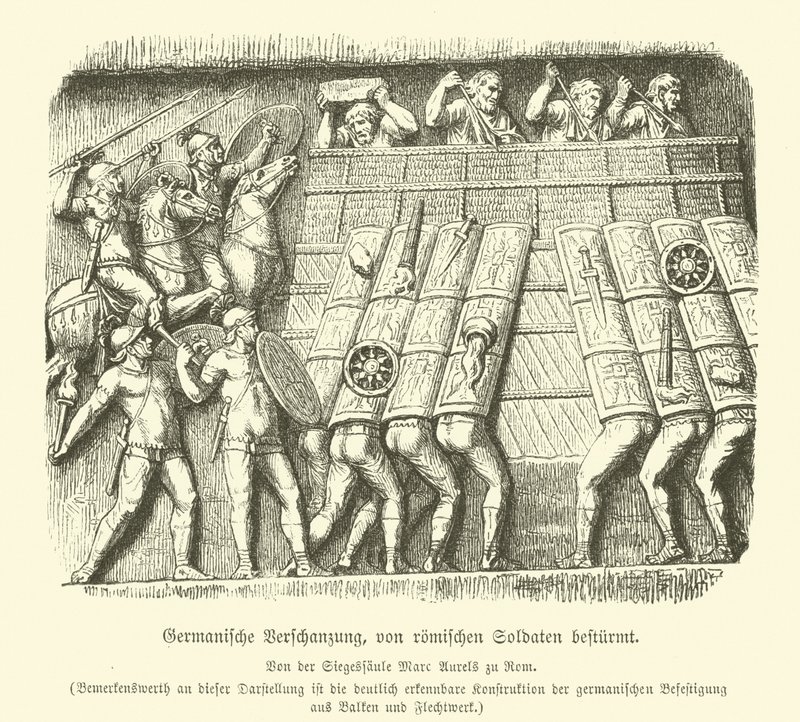 Germansk befästning under attack av romerska soldater (gravyr) av German School