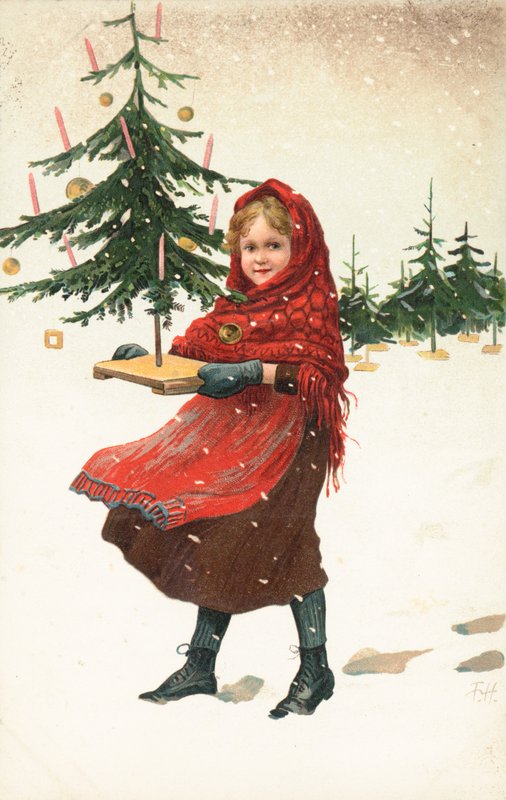 Flicka som bär liten julgran i snön av German School