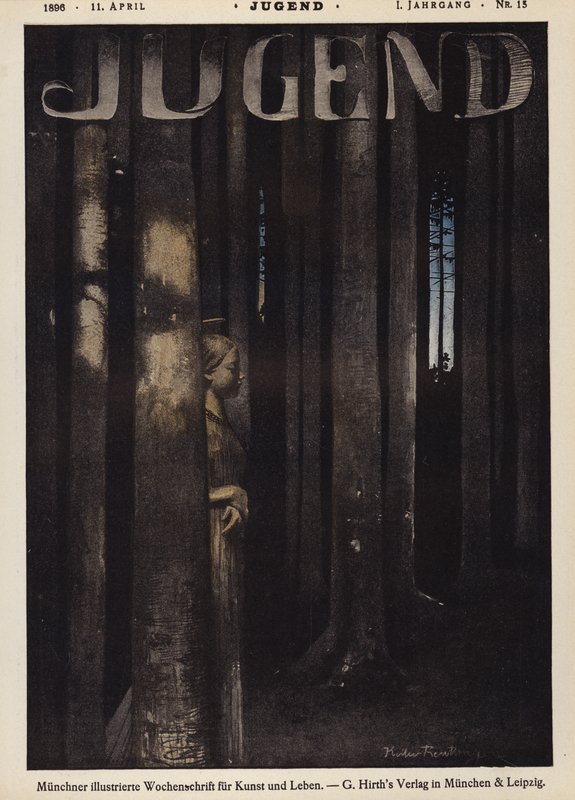 Flicka som går i en skog på natten (färg litho) av German School