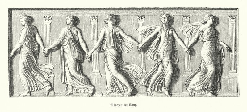 Flickor som dansar, antikens Grekland (gravyr) av German School
