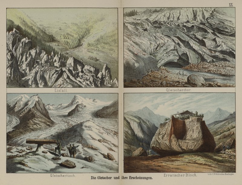 Glaciärer och deras egenskaper (färg litho) av German School