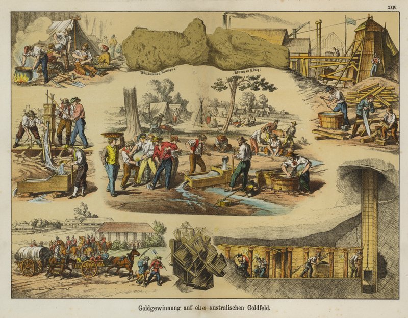 Guldbrytning i guldfälten i Australien (färg litho) av German School