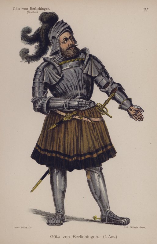 Gotz von Berlichingen, titelfigur från Goethes pjäs (färg litho) av German School