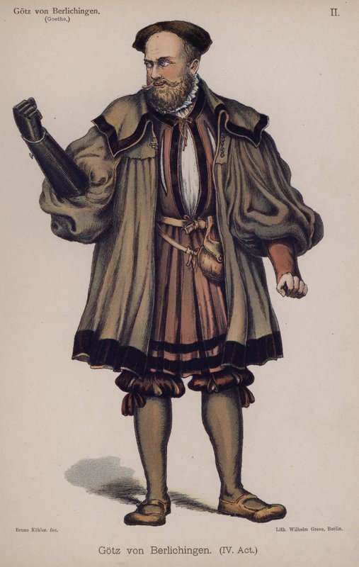Gotz von Berlichingen, titelkaraktär från Goethes pjäs (färg litho) av German School