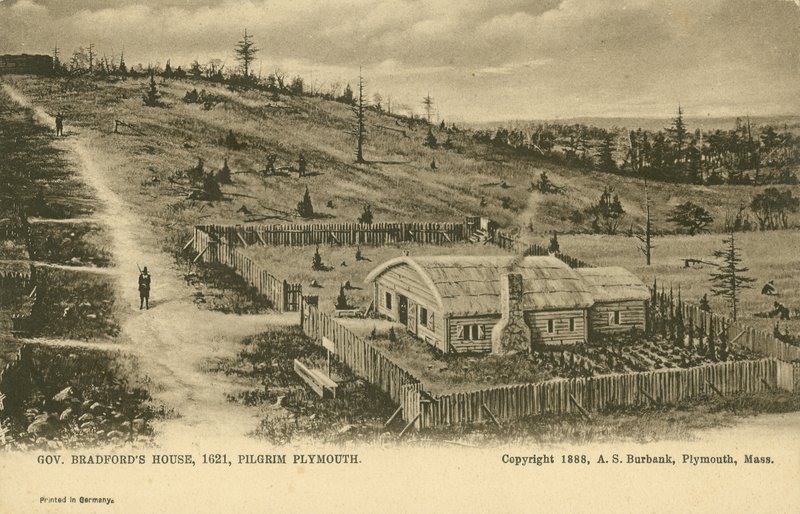 Guvernör William Bradfords hus, Plymouth Colony (litho) av German School