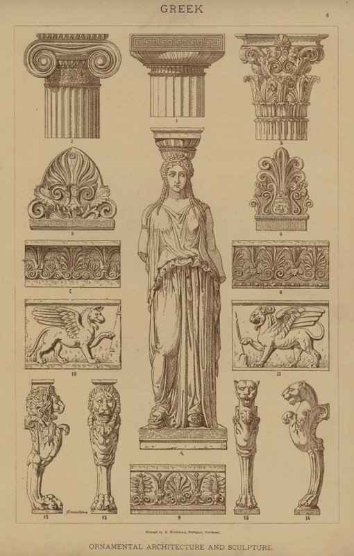 Grekisk, prydnadsarkitektur och skulptur (färg litho) av German School