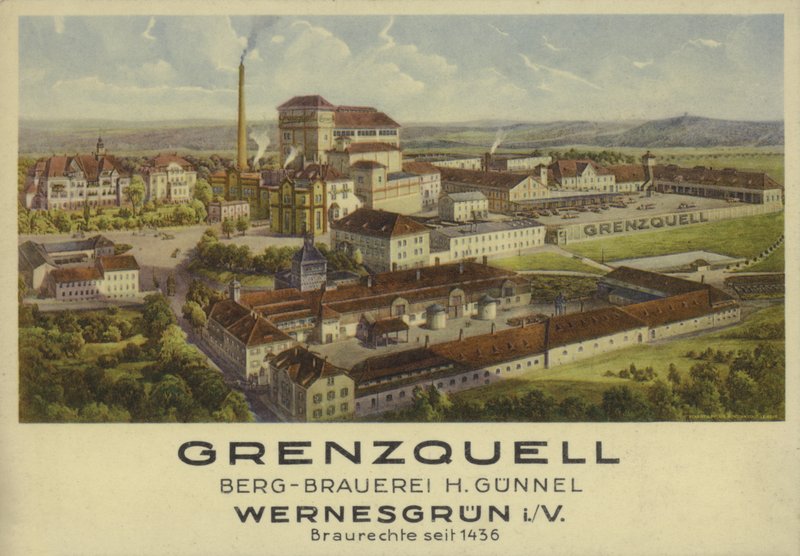 Grenzquell Brewery, Wernesgrun, Sachsen, Tyskland (färg litho) av German School