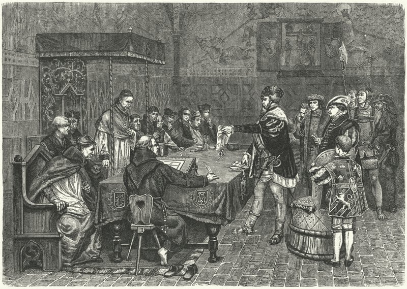 Gustav I Vasa, King of Sweden, confronting Peter Sunnanvader, Bishop of Vasteras av German School