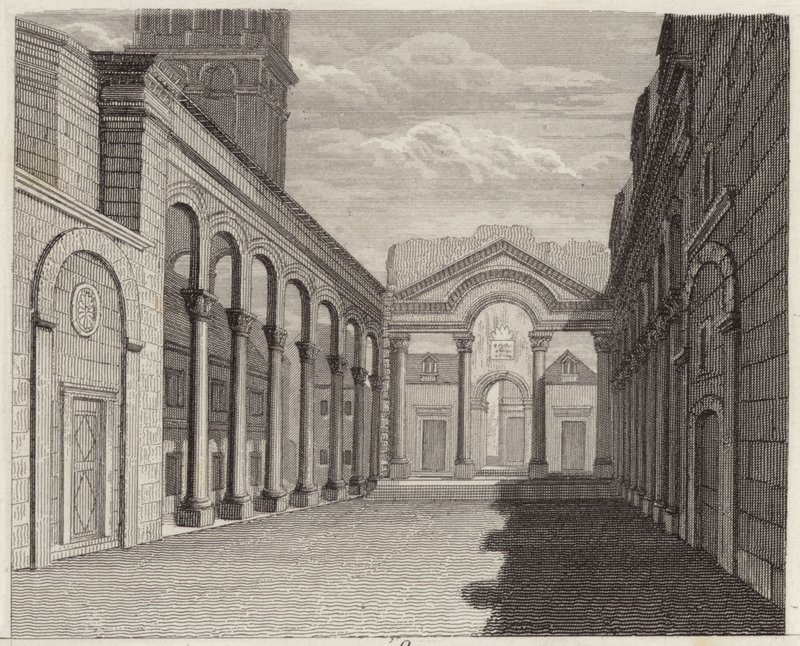 Hall av den romerske kejsaren Diocletianus palats, Spalato (Split, Kroatien). Illustration för Bilder-Atlas (gravyr) av German School