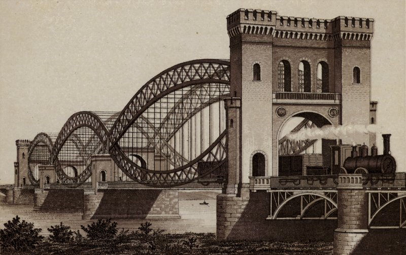 Hamburg: Eisenbahn-Elb-Brucke, Järnvägsbron över Elbe (litho) av German School