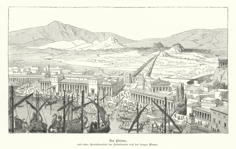 Hamnen i Pireus, antikens Grekland (gravyr) av German School