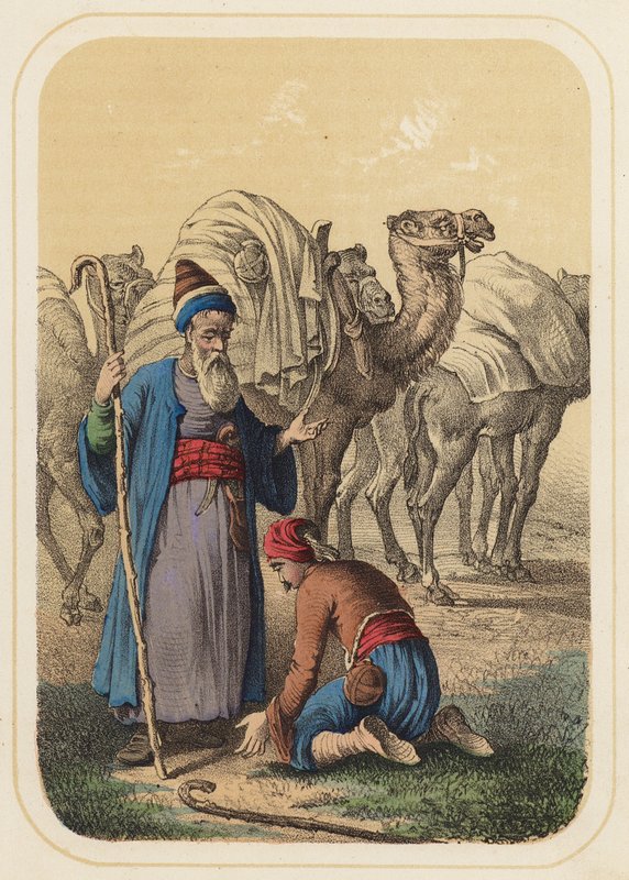 Harun al Rashid och Abdallah i en scen ur Tusen och en natt (färg litho) av German School
