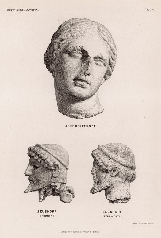 Afrodites och Zeus huvuden från Olympia, Grekland (gravyr) av German School