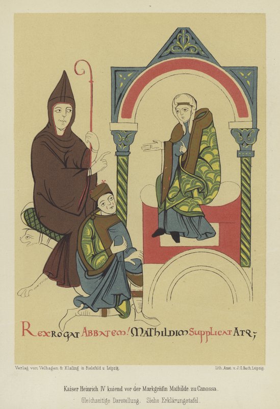 Henrik IV, den helige romerske kejsaren, knäböjer inför markgrevinen Matilda av Toscana vid Canossa av German School