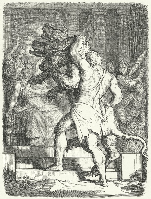 Herakles för Cerberus till kung Eurystheus (gravyr) av German School